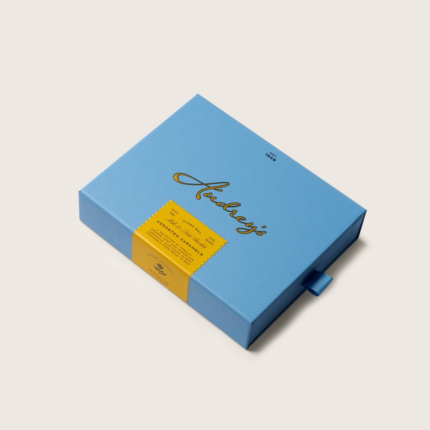Blue box with a yellow label on a light gray background