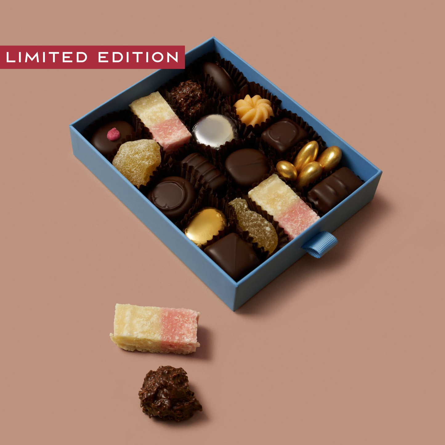 Box of assorted chocolates with a 'Limited Edition' label on a brown background