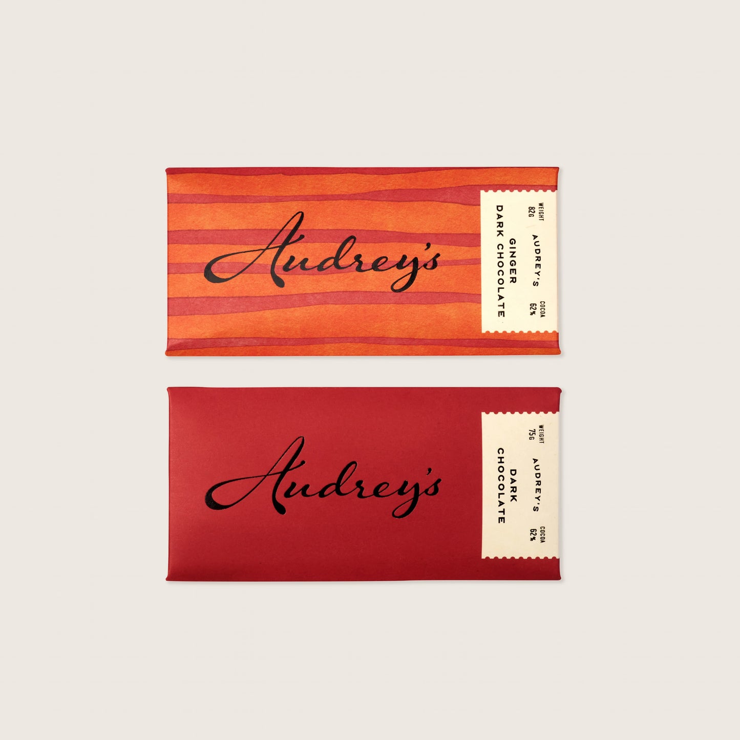 Two chocolate bars with 'Audrey's' branding on a beige background