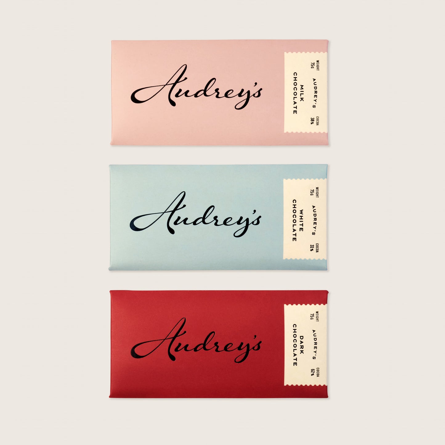 Three chocolate bars with 'Audrey's' branding on a light gray background