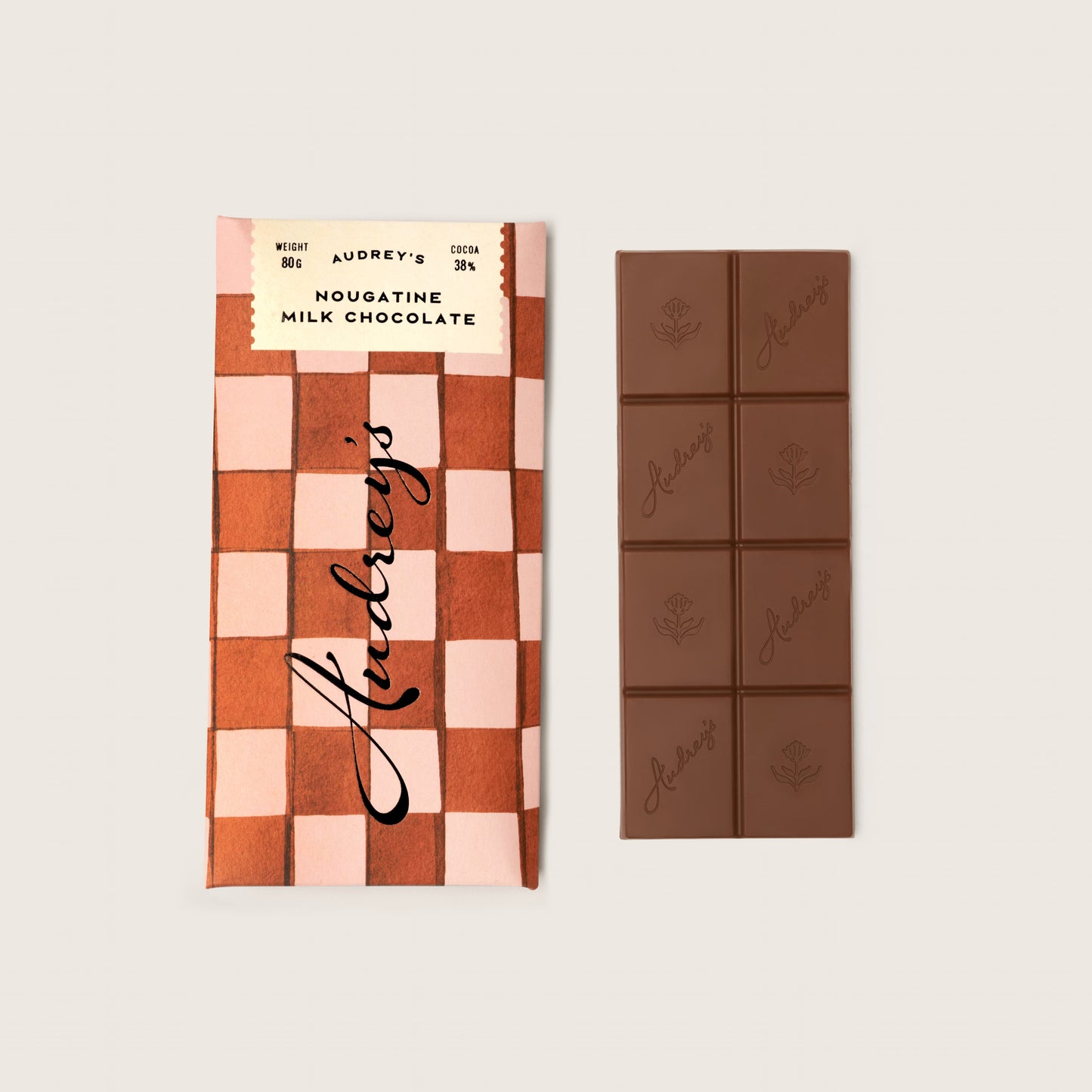 Chocolate bar with checkered packaging and a plain chocolate bar on a light background