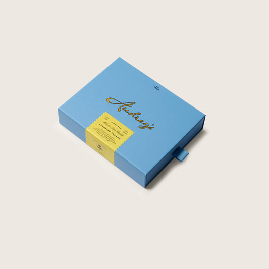 Blue box with a yellow label on a light gray background
