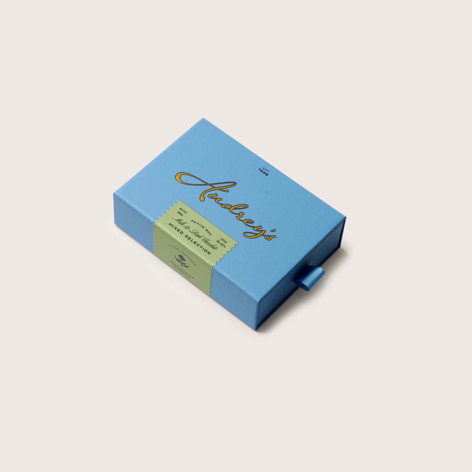 Blue box with a green label on a light gray background