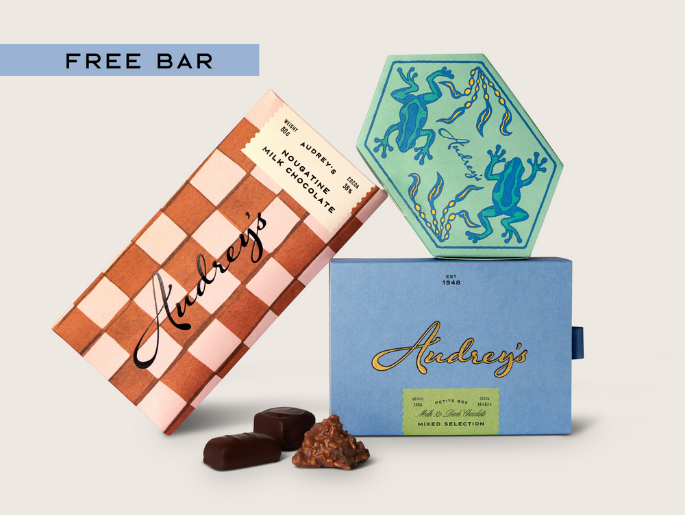 Audrey's Extraordinary Bundle: Nougatine Bar, Mad as a Box of Frogs & Audrey's Milk and Dark Petite Box