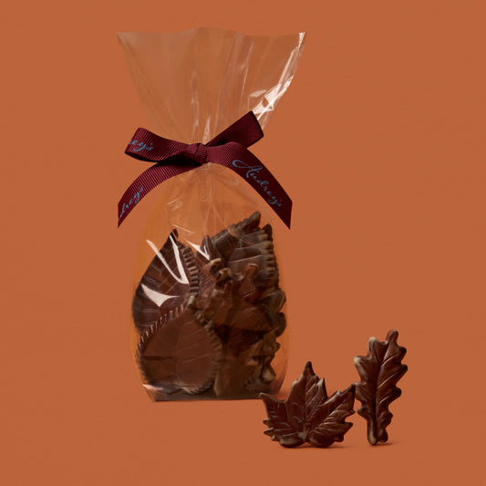 Chocolate candies in a clear bag with a brown ribbon on an orange background