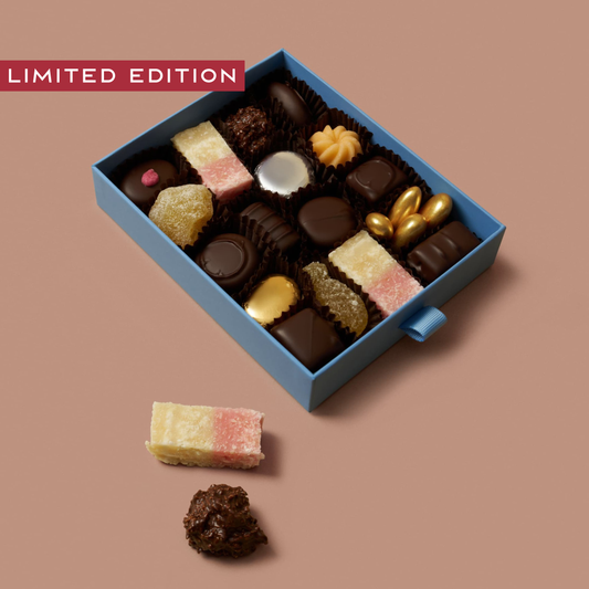 Box of assorted chocolates with a 'Limited Edition' label on a brown background