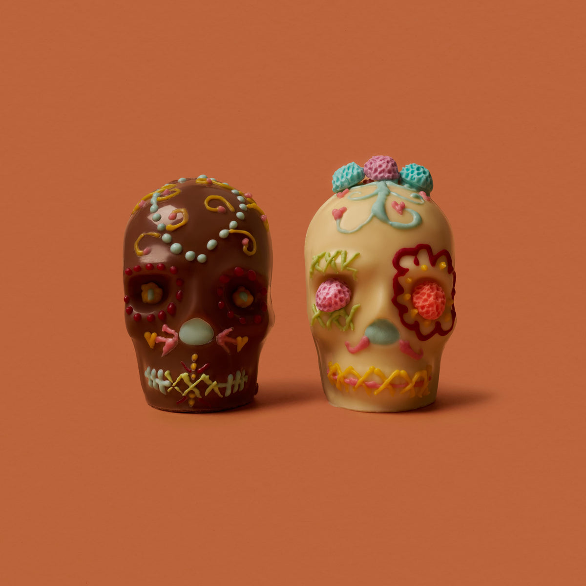 Two decorative skulls with colorful patterns on a brown background