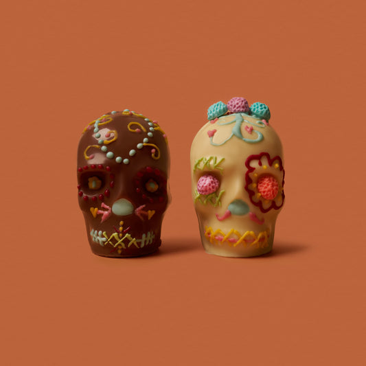 Two decorative skulls with colorful patterns on a brown background