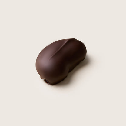 Chocolate bean-shaped object on a light beige background