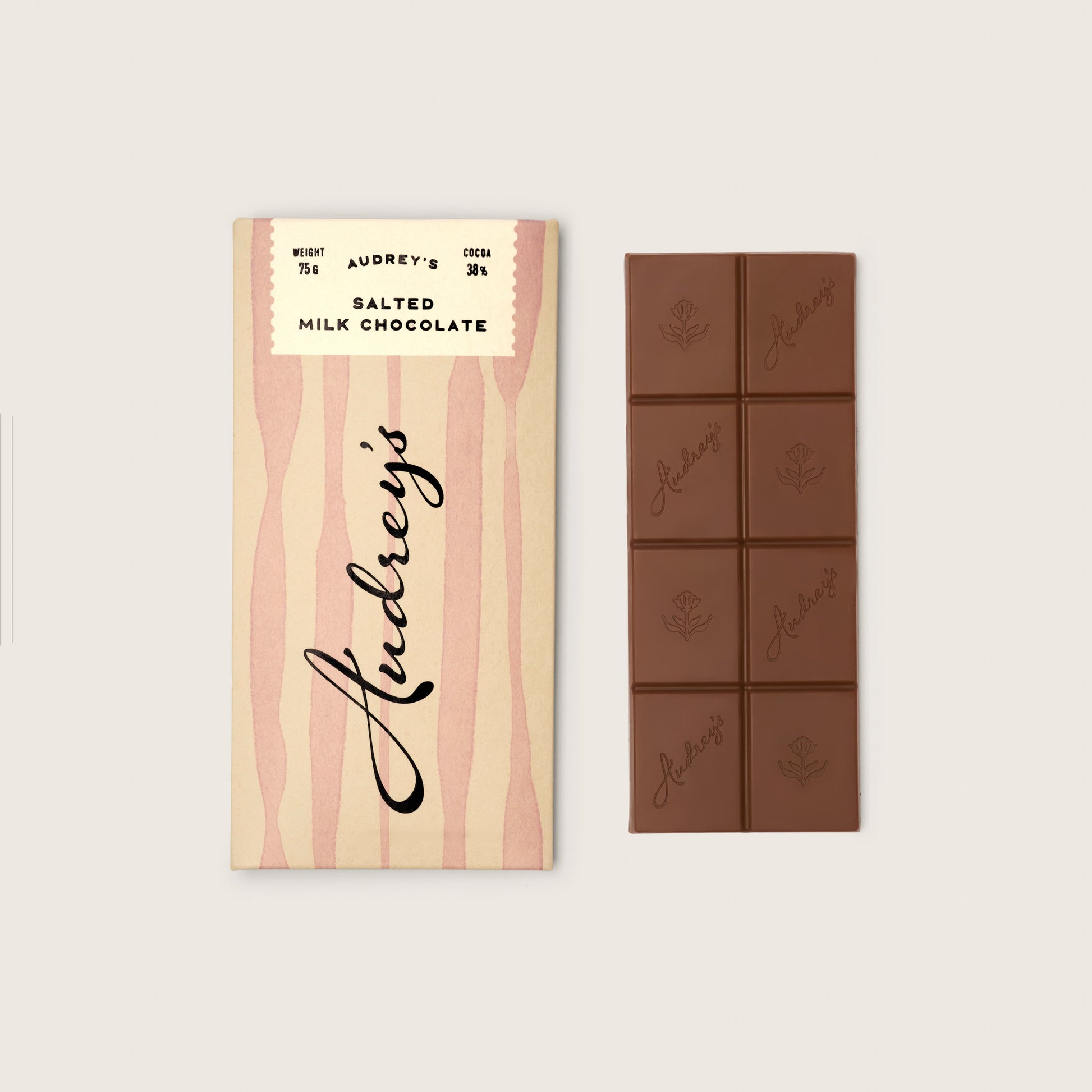 Audrey's salted milk chocolate bar with packaging on a light gray background