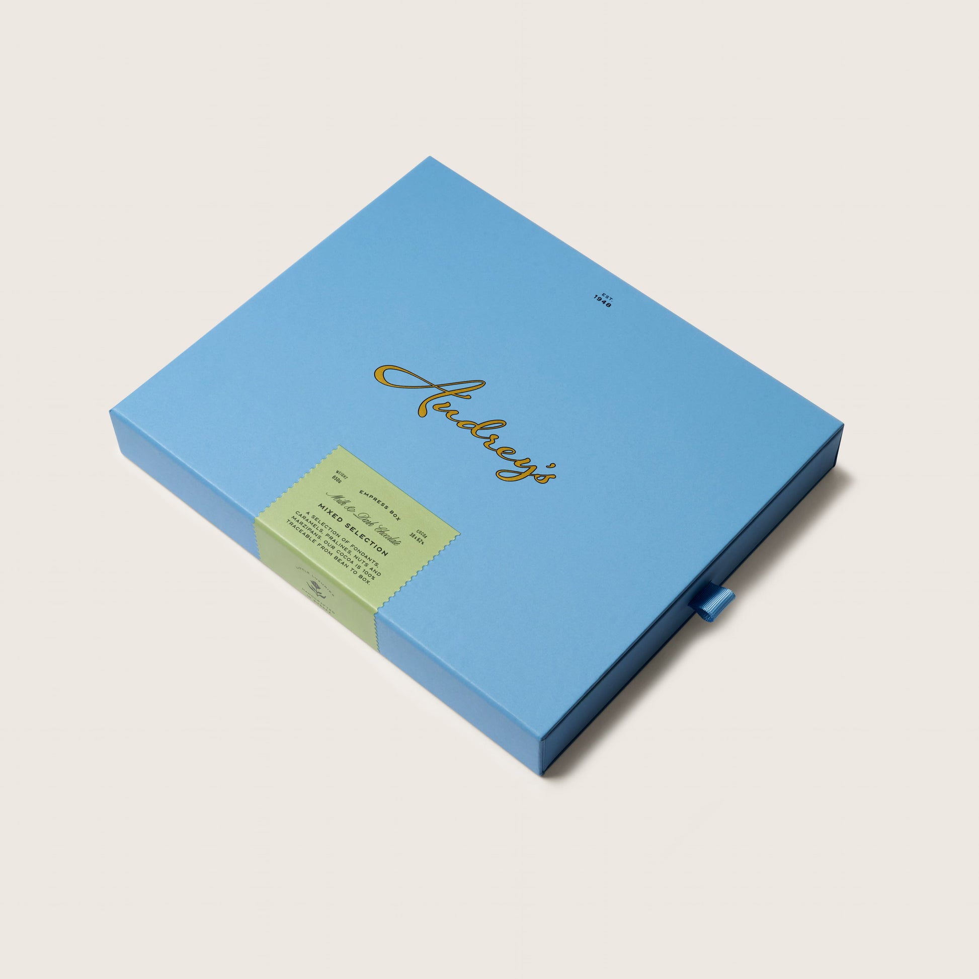 Blue box with a green label on a light gray background