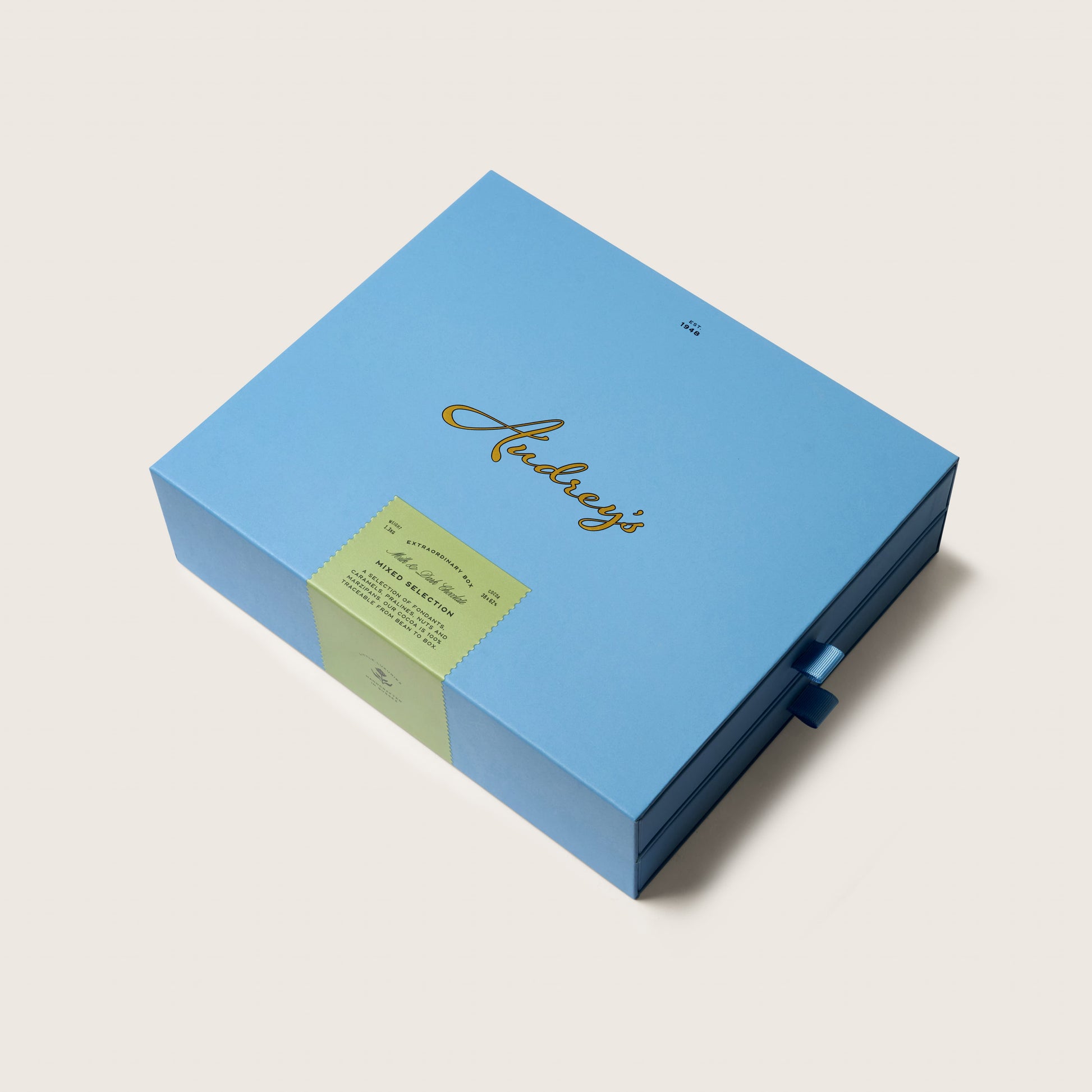 Blue gift box with a green label on a light gray background