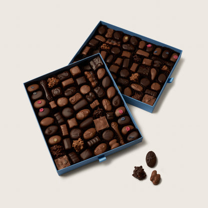 Two blue boxes filled with assorted chocolates on a light gray background