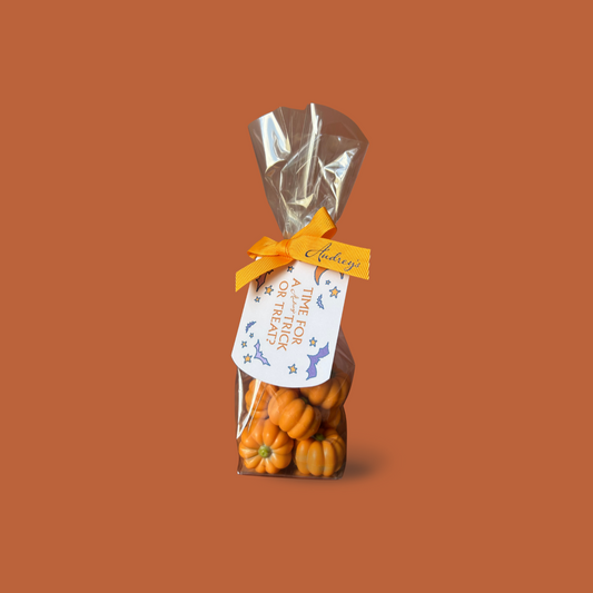 Bag of small pumpkins with a decorative bow and tag on an orange background