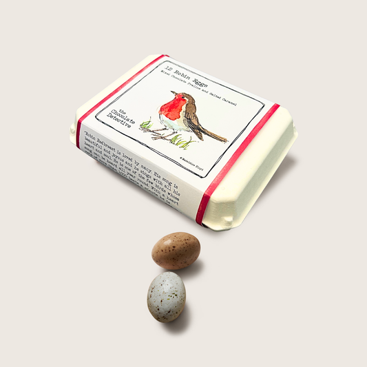 Rectangular chocolate bar with a robin illustration on a light gray background