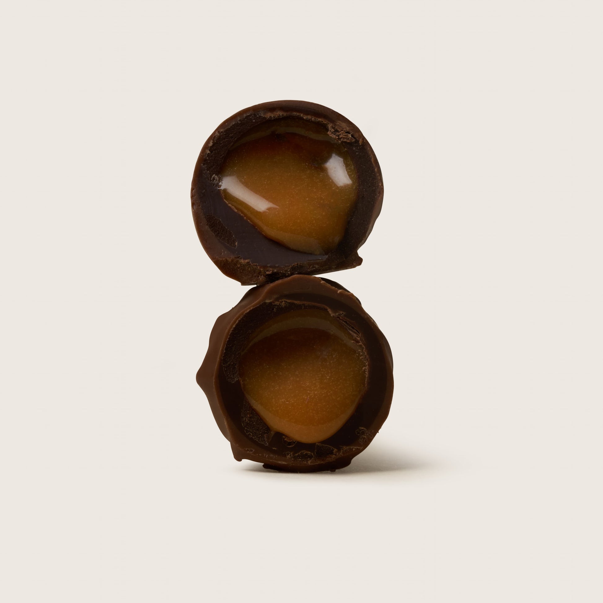 Two halves of a chocolate-covered truffle