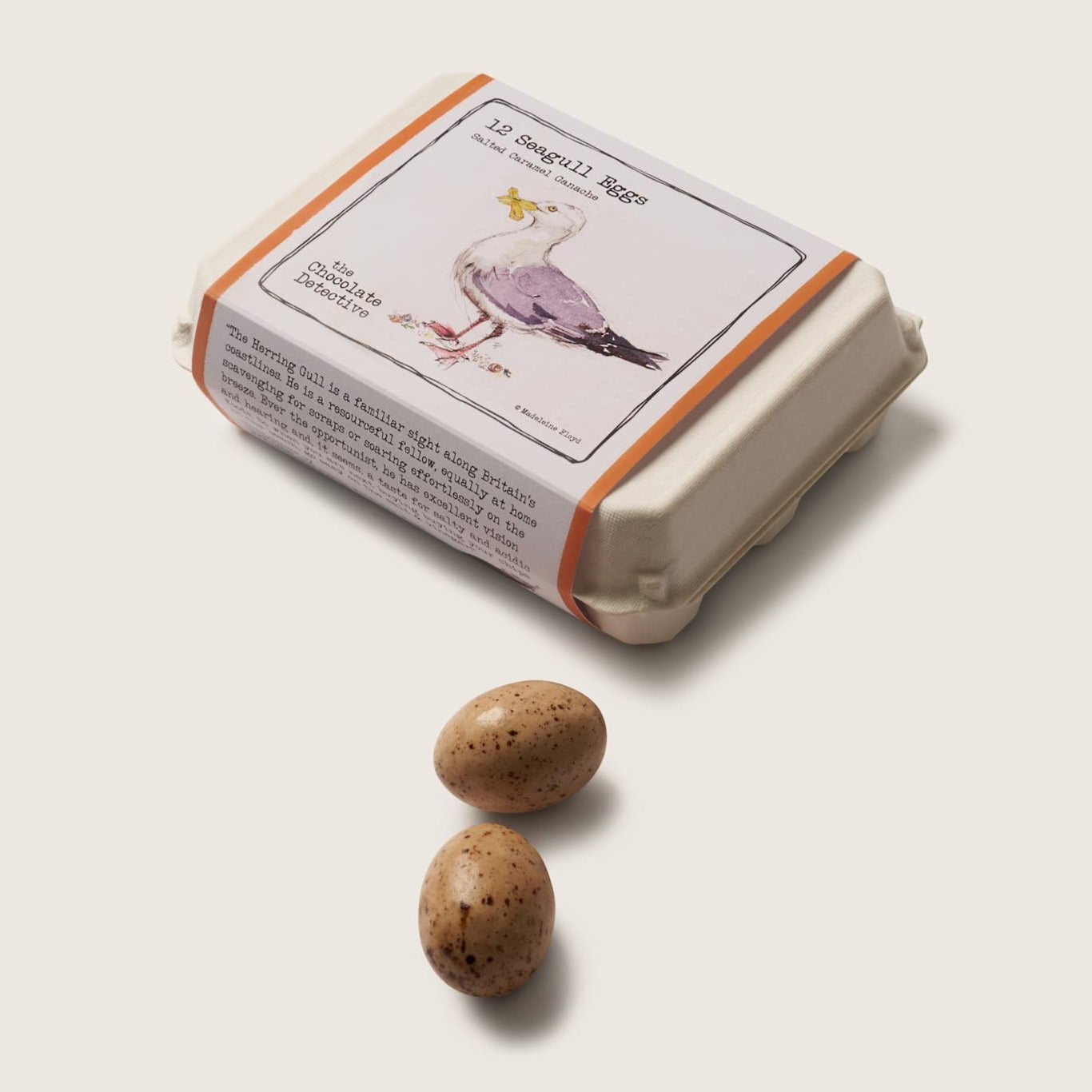Small box with a bird illustration and two small stones on a light background