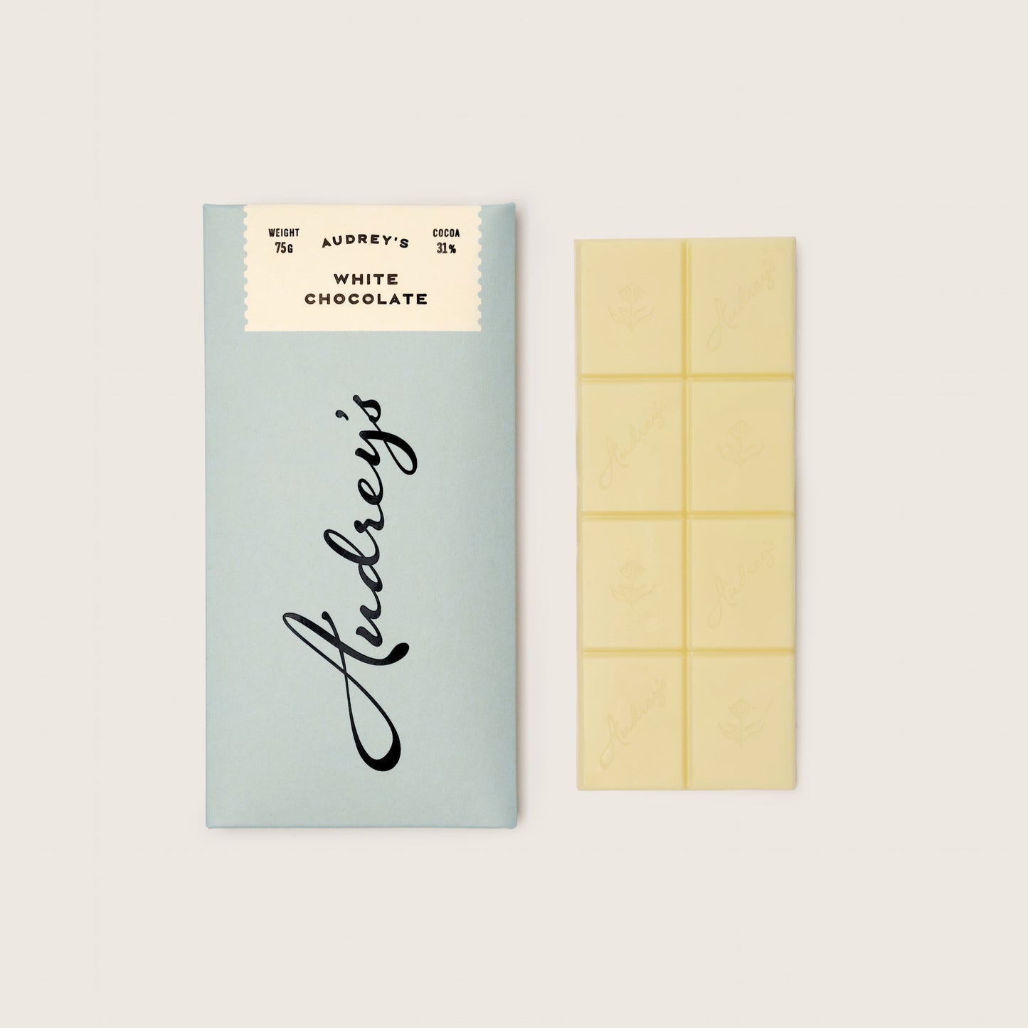 White chocolate bar with packaging on a light gray background
